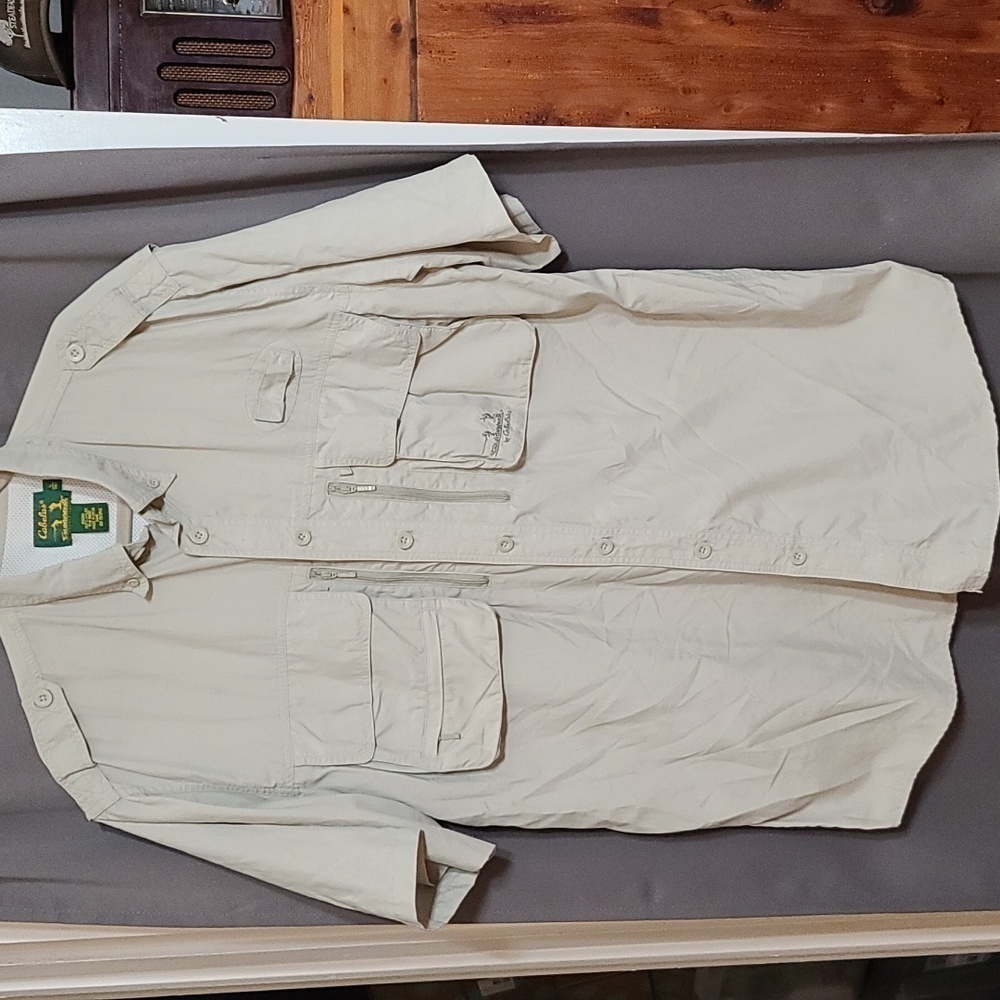 Cabela's‎ Guidewear Mens Lightweight Shirt Khaki Vented Back Pockets  L/Tall EUC